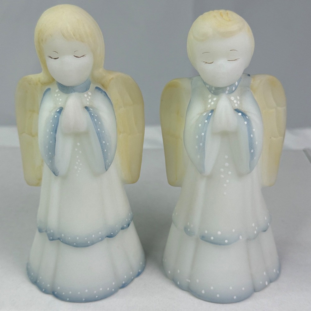 Fenton Art Glass Praying Angel Figurines Hand Painted Satin Blue White Set of 2